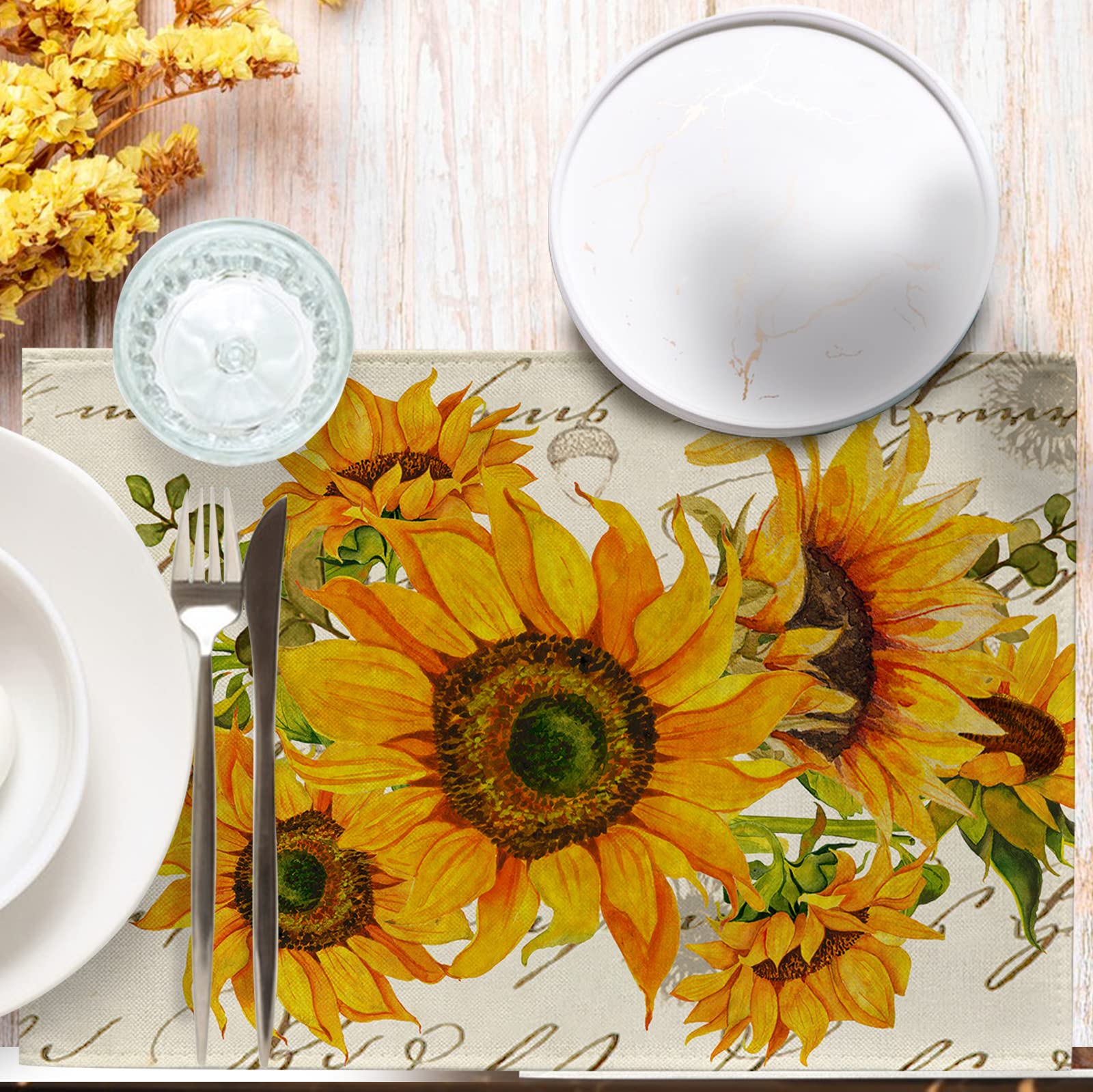 Seliem Fall Sunflower Placemats Set of 4, Spring Summer Yellow Floral Flowers Rustic Vintage Dining Table Place Mats, Eucalyptus Leaves Seasonal Kitchen Decor Home Decoration 12 x 18 Inch
