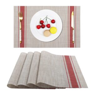 vinjiasin placemats set of 4 vinyl woven red stripes table mats washable heat resistant sturdy easy to clean kitchen for dining table indoor outdoor christmas decorations