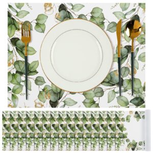sumind eucalyptus leaves place mat 12 x 16 in sage green disposable paper table mat for christmas wedding party dining rustic farmhouse dinnerware for kitchen table baby shower birthday(50 pcs)