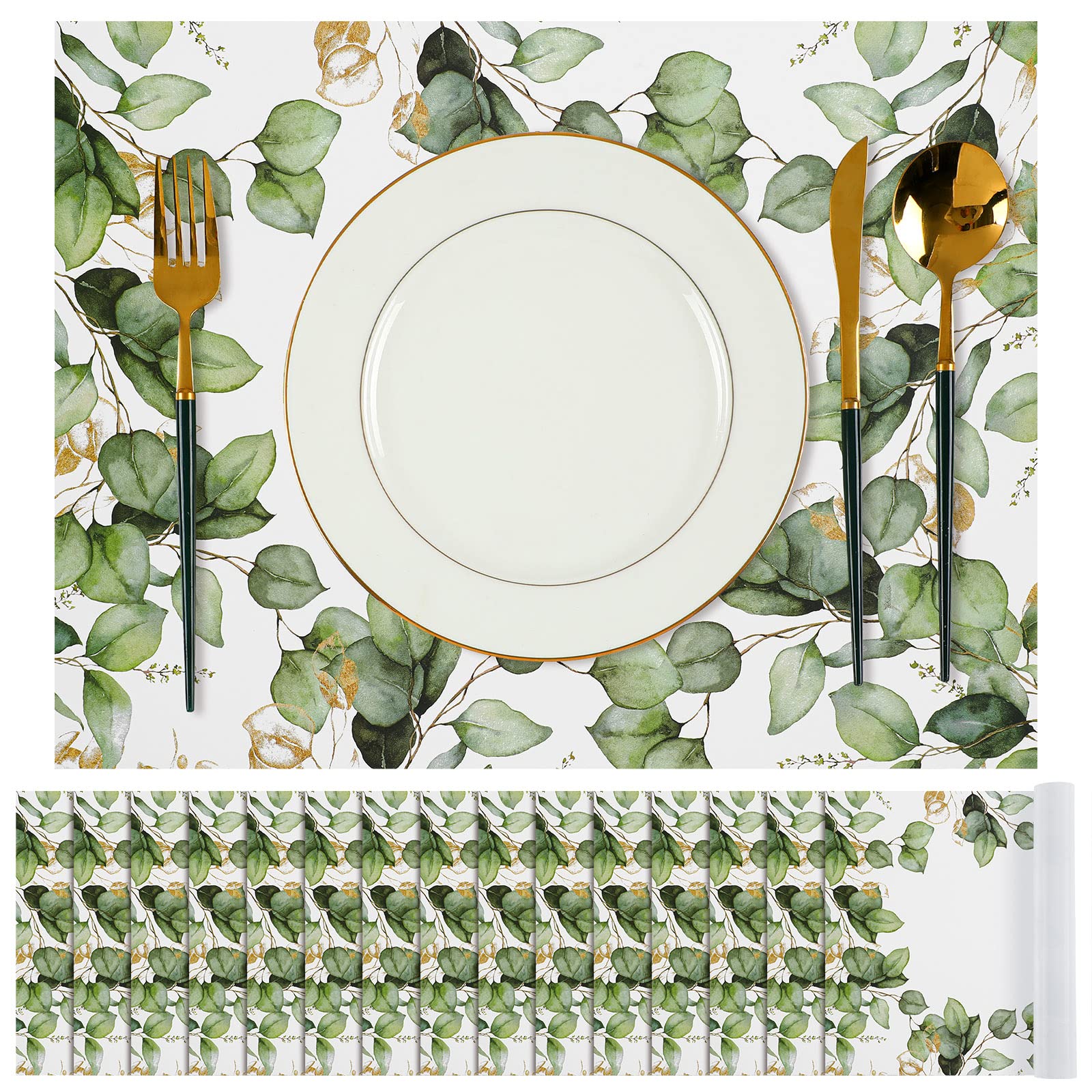 Sumind Eucalyptus Leaves Place Mat 12 x 16 in Sage Green Disposable Paper Table Mat for Christmas Wedding Party Dining Rustic Farmhouse Dinnerware for Kitchen Table Baby Shower Birthday(50 Pcs)