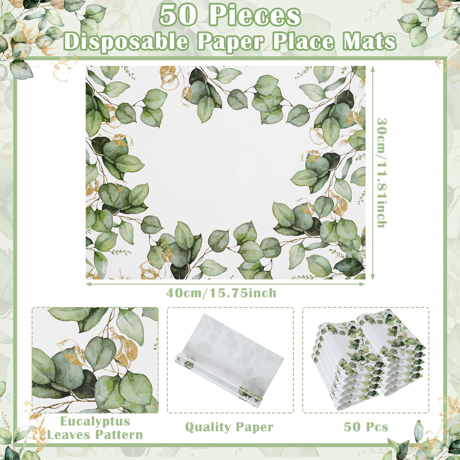 Sumind Eucalyptus Leaves Place Mat 12 x 16 in Sage Green Disposable Paper Table Mat for Christmas Wedding Party Dining Rustic Farmhouse Dinnerware for Kitchen Table Baby Shower Birthday(50 Pcs)