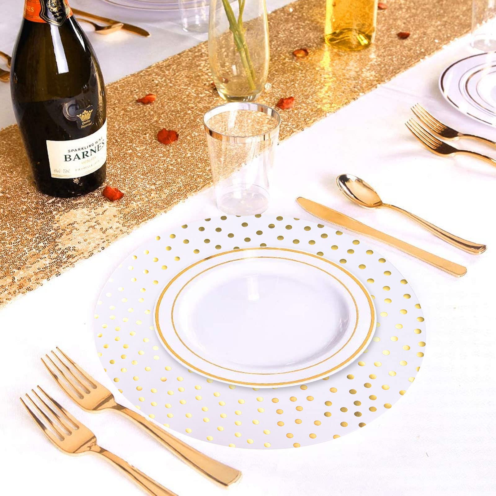 50 Pcs 14 Inch White and Gold Foil Paper Place Mats Golden Polka Dots Round Placemats Disposable Decorative Table Mats for Wedding Banquet Party Home Dining Table Decor