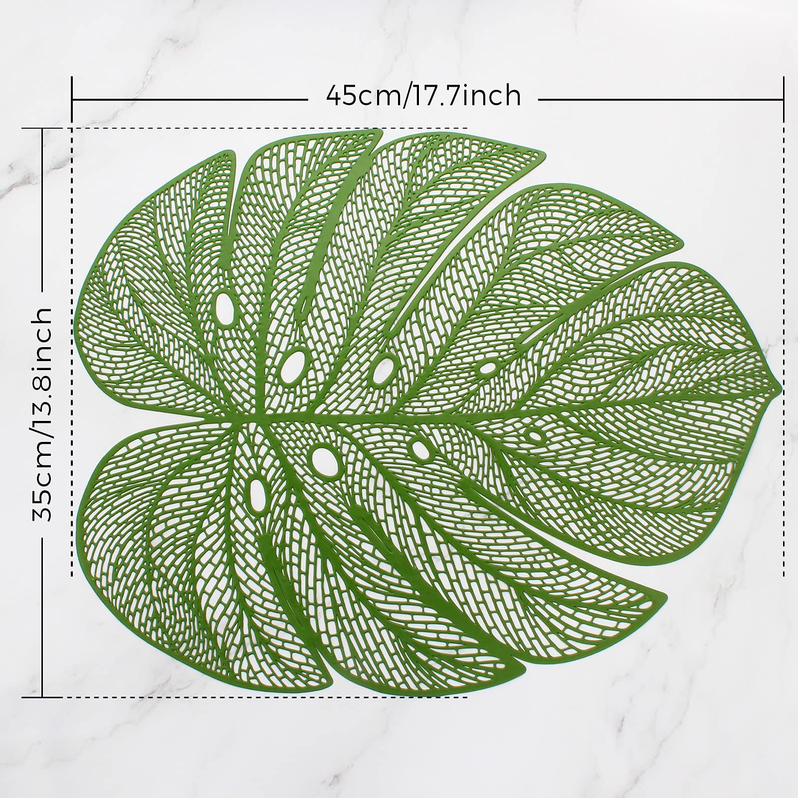 Evevda Green Leaf Shaped Vinyl Placemats for Dinner Table Set of 6 Metallic Plastic Green Place Mats Wipeable 6Pcs Table Mats for Wedding Annersary Dinner Table Decoration Mats(17.7x13.8inch/45x35cm)