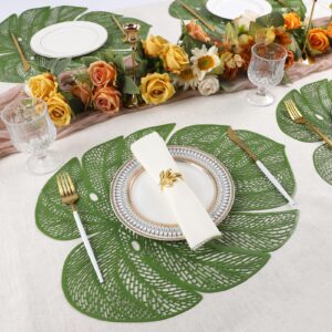 Evevda Green Leaf Shaped Vinyl Placemats for Dinner Table Set of 6 Metallic Plastic Green Place Mats Wipeable 6Pcs Table Mats for Wedding Annersary Dinner Table Decoration Mats(17.7x13.8inch/45x35cm)