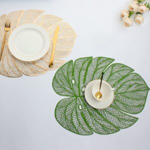 Evevda Green Leaf Shaped Vinyl Placemats for Dinner Table Set of 6 Metallic Plastic Green Place Mats Wipeable 6Pcs Table Mats for Wedding Annersary Dinner Table Decoration Mats(17.7x13.8inch/45x35cm)