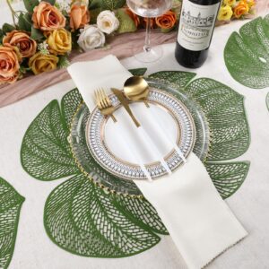 Evevda Green Leaf Shaped Vinyl Placemats for Dinner Table Set of 6 Metallic Plastic Green Place Mats Wipeable 6Pcs Table Mats for Wedding Annersary Dinner Table Decoration Mats(17.7x13.8inch/45x35cm)