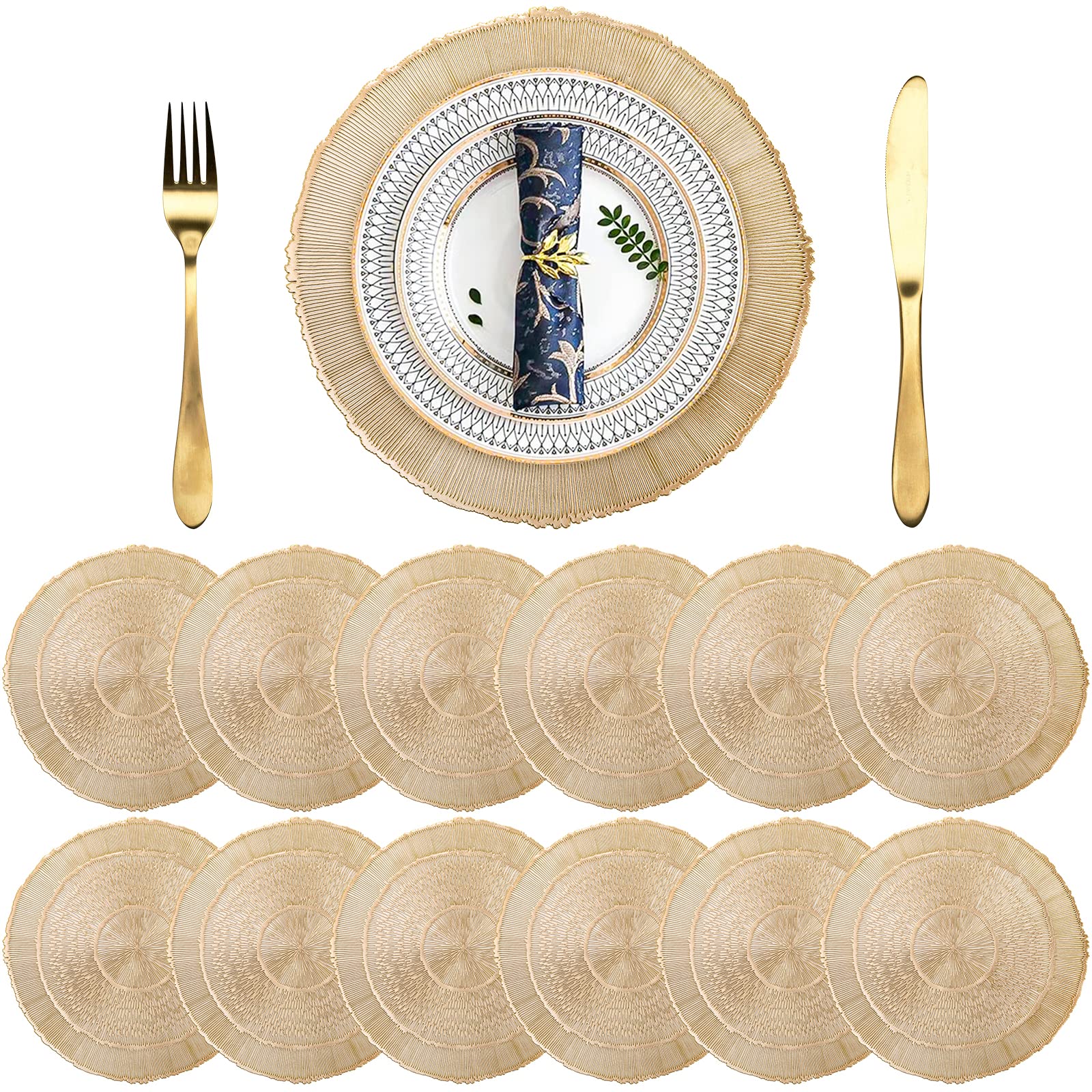 Yarlung 12 Pack Round Pressed Vinyl Placemats, 15 Inch Non-Slip Metallic Gold Table Decor Mat Hollow Out Laminated Place Mats for Christmas Decor, Wedding Accent, Table Centerpiece