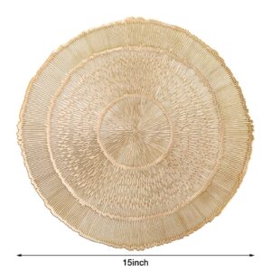 Yarlung 12 Pack Round Pressed Vinyl Placemats, 15 Inch Non-Slip Metallic Gold Table Decor Mat Hollow Out Laminated Place Mats for Christmas Decor, Wedding Accent, Table Centerpiece