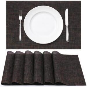 vinyl woven placemats for dining table set of 6, washable heat resistant place mats for home kitchen dinner, indoor outdoor placemats for patio table, black brown rectangle table mats by wehvkei