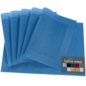 home genie heat resistant placemats set of 6, dining room table mats, protect surfaces, woven placemat setting for dinner, washable vinyl food grade mat, kitchen decor accessories, size 18x12, blue