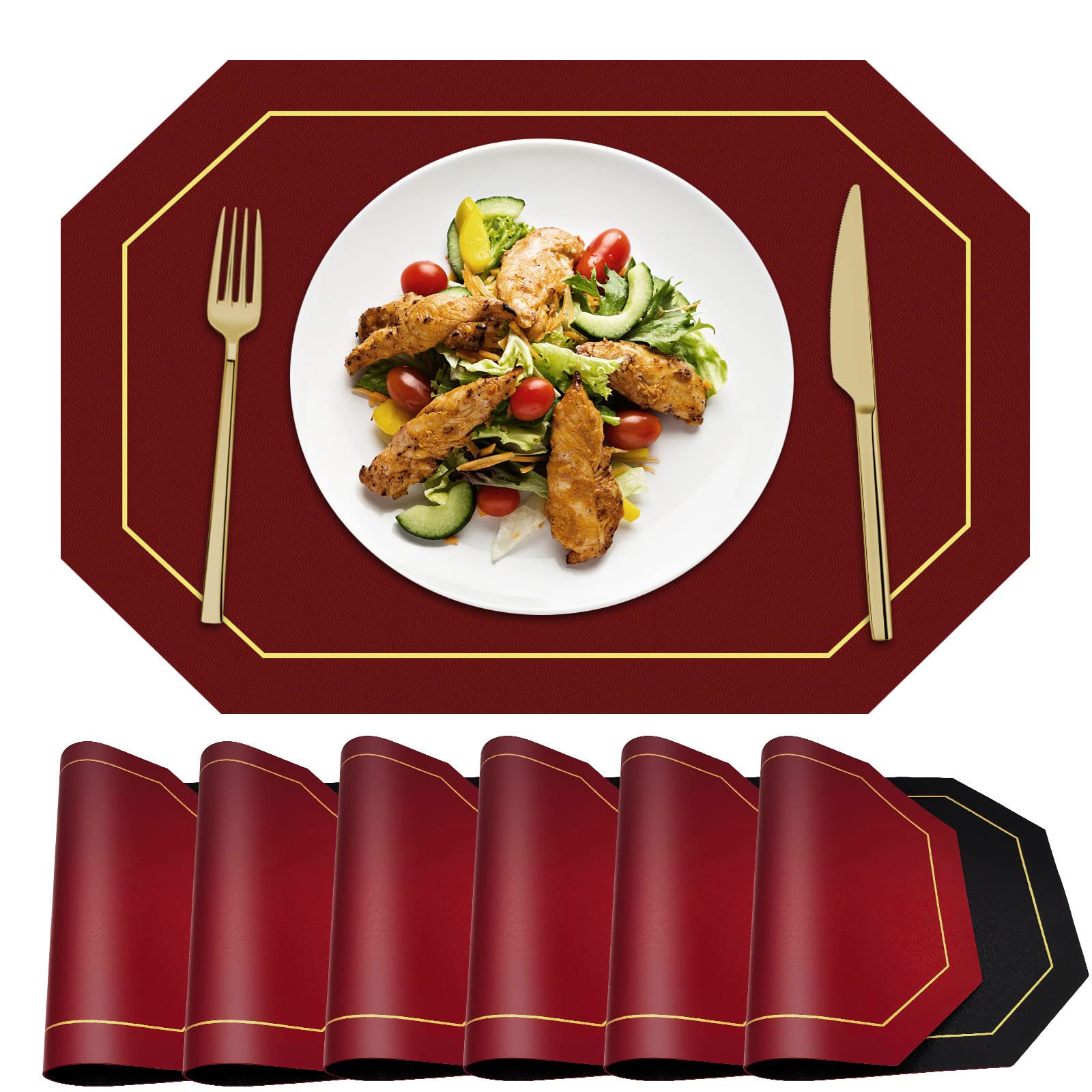 Reversible Placemats Set of 6, Faux Leather Heat Resistant Placemats Washable Table Mats Wipeable Place Mats for Dining Table Wedding Coffee Shop Decoration