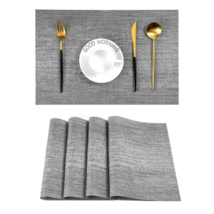 leetaltree grey placemats, heat resistant non-slip place mats for dining table, washable durable pvc vinyl woven table mats (set of 4)