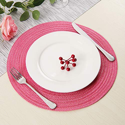 SHACOS Round Braided Placemats Set of 6 Cotton Round Place Mats 15 inch Washable Table Mats for Holiday Party (Hot Pink, 6)