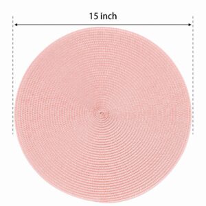 FunWheat Round Braided Placemats Set of 6 Place Mats for Dining Tables Woven Washable Non-Slip Table mats 15 inch for Easter Decoration(Pink, 6pcs)