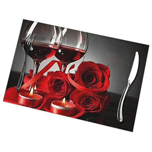 VGFJHNDF Red Wine Rose Placemats Set of 6 Pieces,Dining Table Washable Rose Table Mats for Kitchen Dining Home Decoration, 12 X 18 Inch