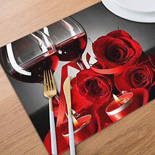 VGFJHNDF Red Wine Rose Placemats Set of 6 Pieces,Dining Table Washable Rose Table Mats for Kitchen Dining Home Decoration, 12 X 18 Inch