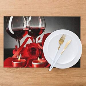 VGFJHNDF Red Wine Rose Placemats Set of 6 Pieces,Dining Table Washable Rose Table Mats for Kitchen Dining Home Decoration, 12 X 18 Inch