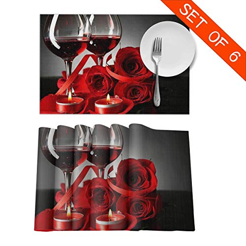 VGFJHNDF Red Wine Rose Placemats Set of 6 Pieces,Dining Table Washable Rose Table Mats for Kitchen Dining Home Decoration, 12 X 18 Inch