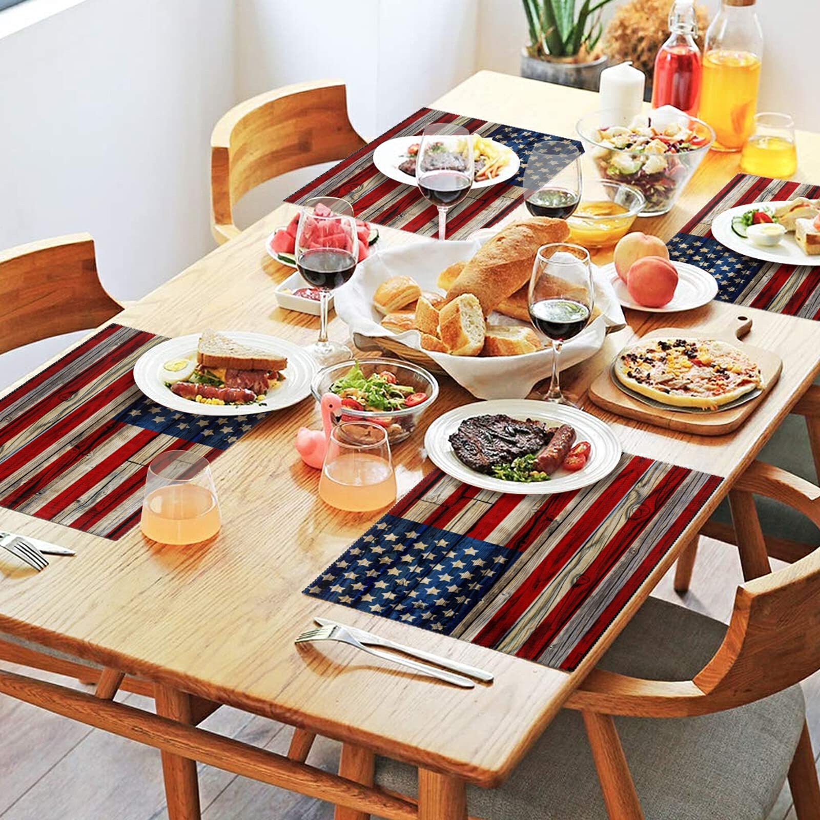 Naanle Wooden American Flag Placemats Set of 6, 4th of July Star and Stripe Non Slip Heat-Resistant Washable Table Place Mats for Kitchen Dining Table Home Decoration, 12" x 18"