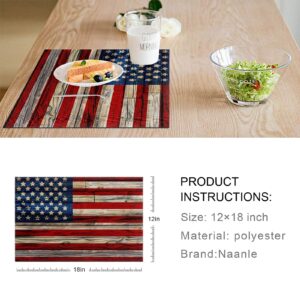 Naanle Wooden American Flag Placemats Set of 6, 4th of July Star and Stripe Non Slip Heat-Resistant Washable Table Place Mats for Kitchen Dining Table Home Decoration, 12" x 18"