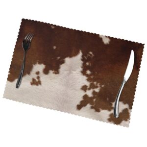 red brown cowhide placemats set of 6, rectangular washable placemats for dining table, farmhouse non-slip heat-resistant woven table mats wipeable thick place mats for kitchen party 12x18 inch