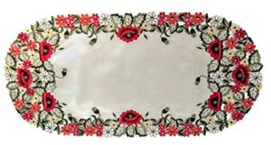 doily boutique place mat or doily with red poppy flowers on antique white fabric size 27 x 13 inches