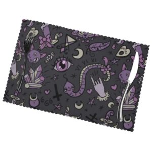 purple black goth spooky placemats set of 6, rectangular washable placemats for dining table, farmhouse non-slip heat-resistant woven table mats wipeable thick place mats for kitchen party 12x18 inch