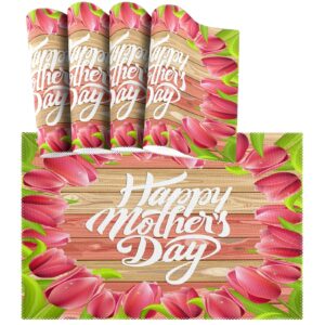 naanle happy mother's day placemats set of 4 watercolor wooden tulips non slip heat-resistant washable table place mats for kitchen dining table home decoration 12" x 18"