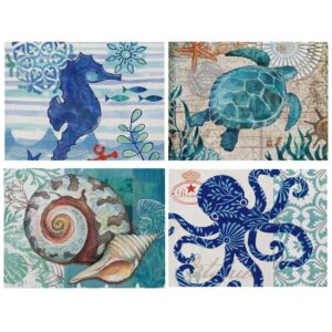 Ocean Animals Placemats Set of 4 Marine Organism Sea Horse Turtle Shell Octopus Table Mats for Dining Table 16.5x12.6 Inches