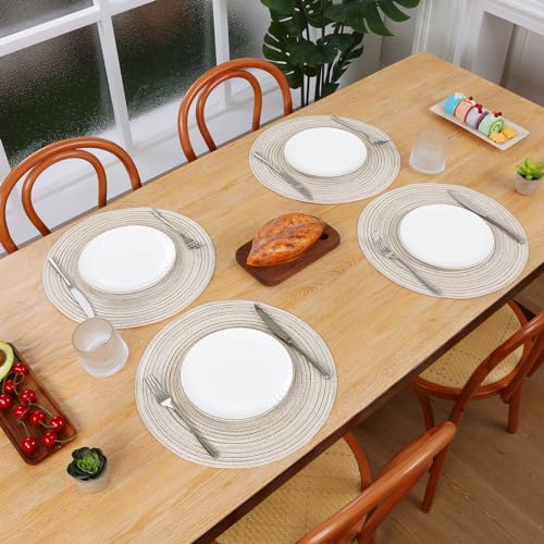 SHACOS Round Braided Placemats Set of 4 Washable Table Placemats Cotton Polyester Place Mats 15 inch Circle Table Mats for Holiday Party (Ivory, 4)