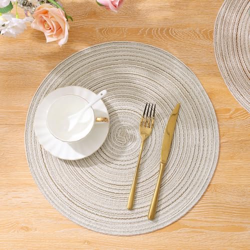 SHACOS Round Braided Placemats Set of 4 Washable Table Placemats Cotton Polyester Place Mats 15 inch Circle Table Mats for Holiday Party (Ivory, 4)