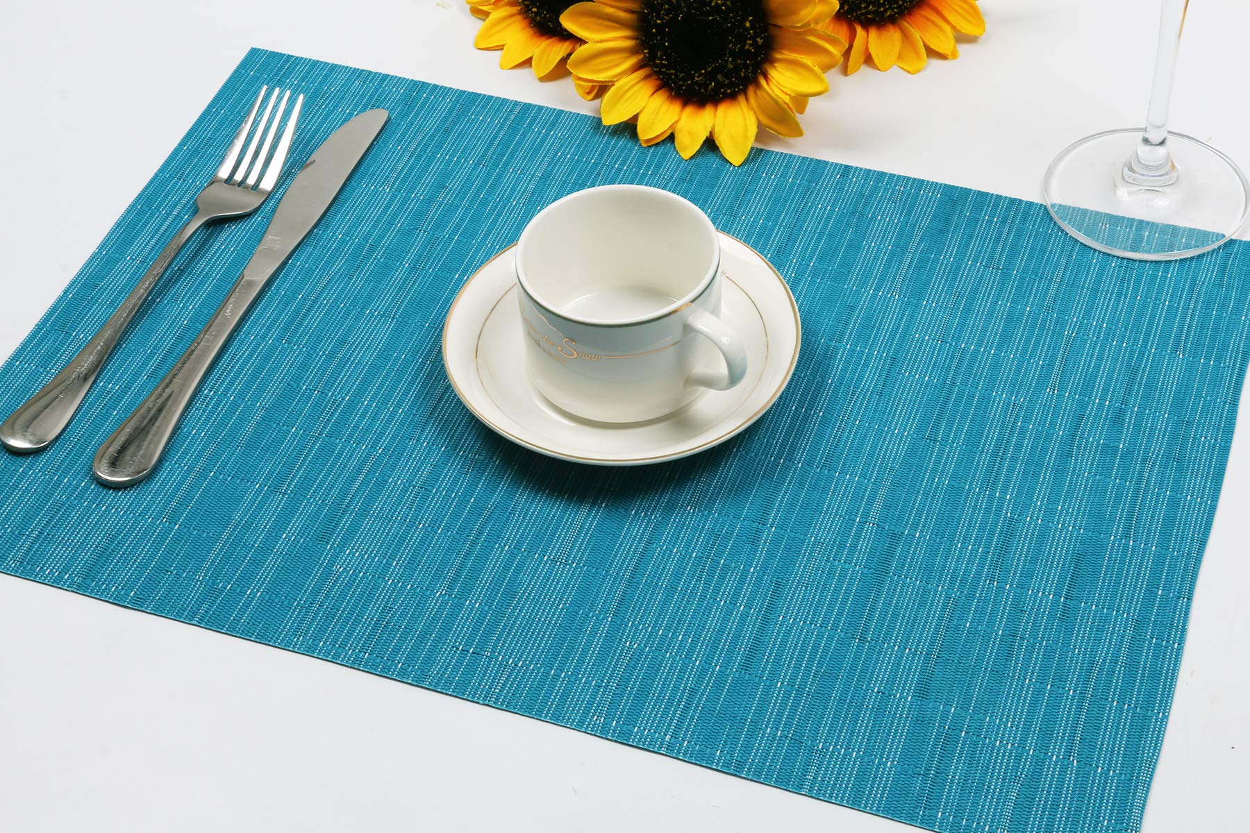 SHACOS Placemats Set of 6 Woven Vinyl Place Mats for Dining Table Wipe Clean Stain Resistant Table Mats (6, Teal Blue)