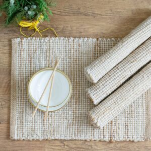 chardin home | natural jute placemats set of 4 | 13x19 inch. rustic farmhouse place mats | table mats colors - natural jute and ivory