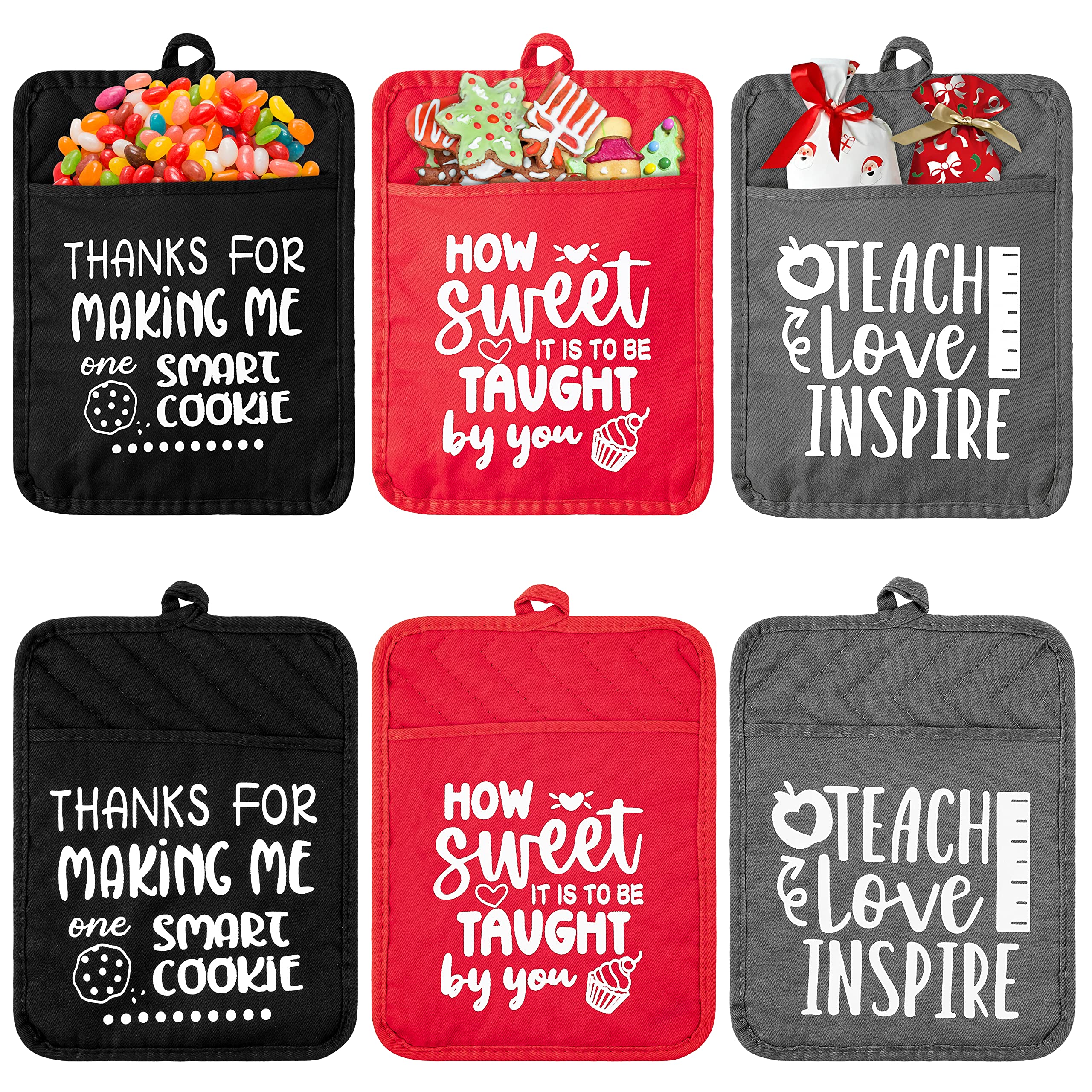 R HORSE 6Pcs Pot Holders Christmas Teacher Gift Thank You Present Potholder Funny Cookie Bag for Christmas Kitchen Hot Pads Machine Washable Heat Resistant Oven Mitt Baking Gift End of The Year Gift