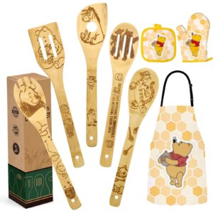 mothers day gifts for mom christmas gift women birthday gift cute bear wooden cooking spoons set bamboo kitchen cooking utensils set with apron oven mitt potholder set
