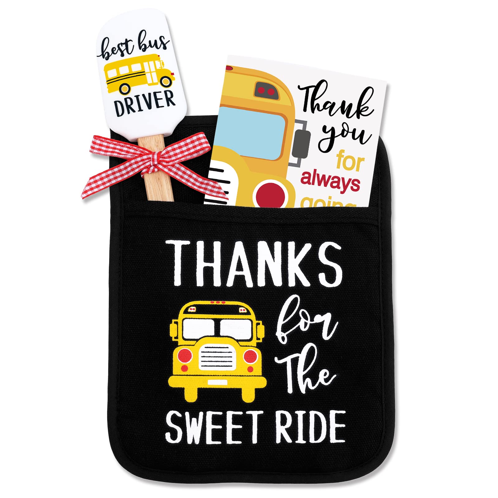 Vansolinne Bus Driver Gifts School Bus Pot Holder Baking Kit with Silicone Spatula Greeting Card for Bus Driver Teacher Appreciation Present Thanks for The Sweet Ride