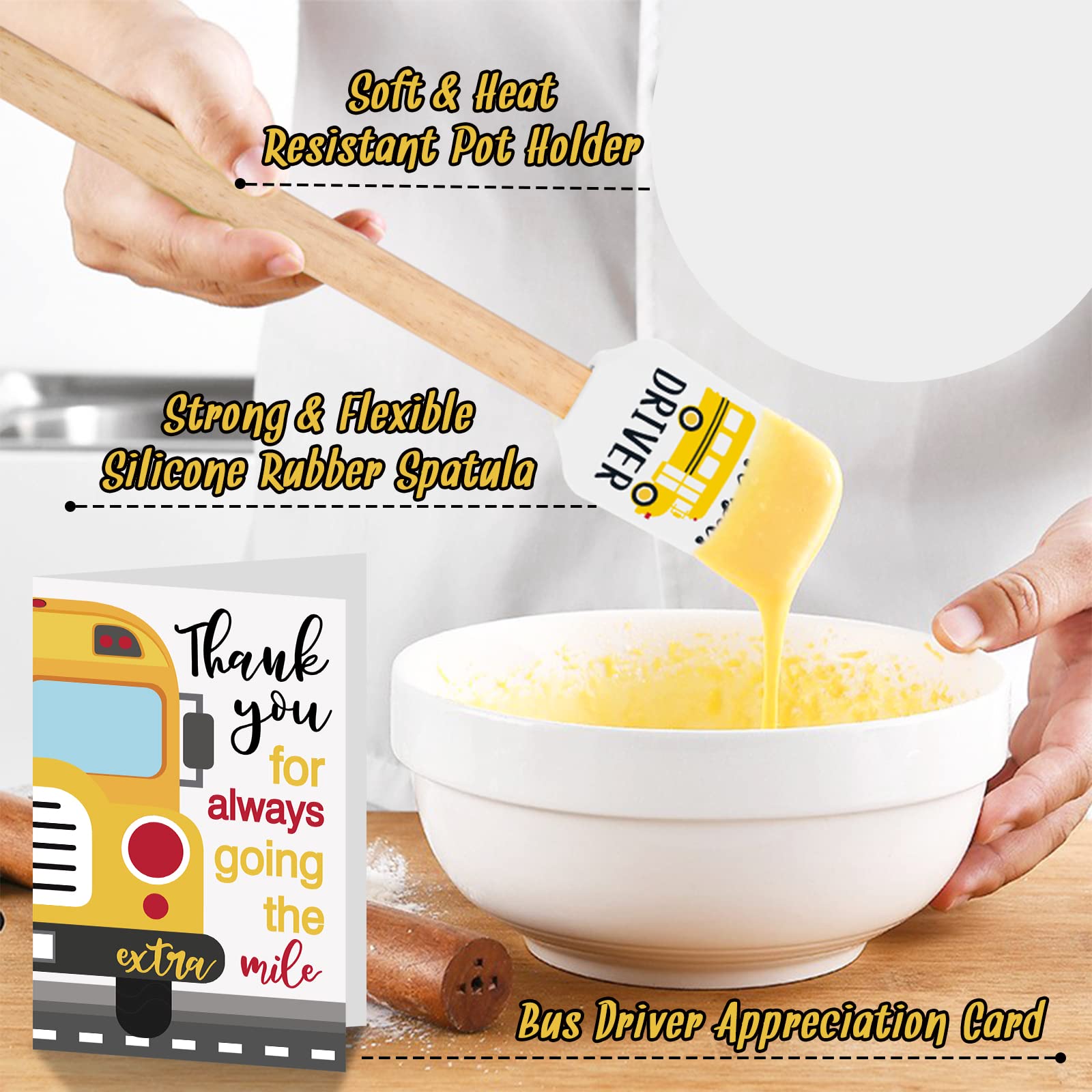 Vansolinne Bus Driver Gifts School Bus Pot Holder Baking Kit with Silicone Spatula Greeting Card for Bus Driver Teacher Appreciation Present Thanks for The Sweet Ride