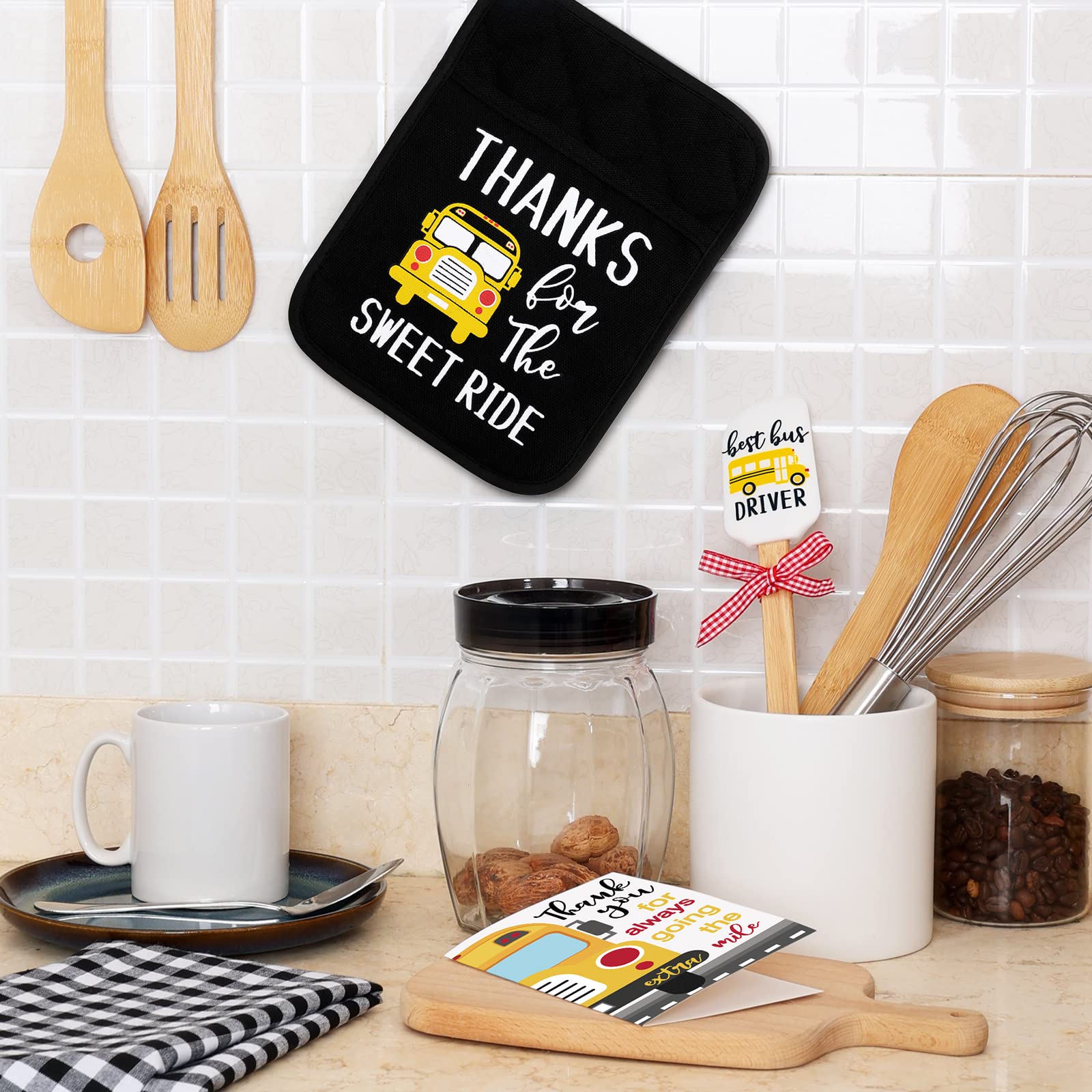 Vansolinne Bus Driver Gifts School Bus Pot Holder Baking Kit with Silicone Spatula Greeting Card for Bus Driver Teacher Appreciation Present Thanks for The Sweet Ride