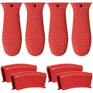 8 pack cast iron handle cover, silicone hot handle holder, assist handle holder, non-slip pot holder sleeve, pot handle covers heat resistant potholder cookware silicone cast iron handle cover, red