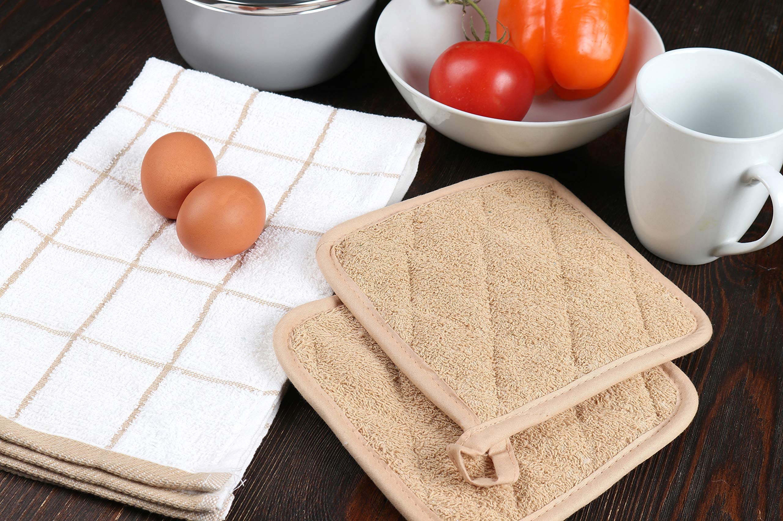 Arkwright Terry Cotton Pot Holders - (Pack of 12) Restaurants, Kitchen Hot Pad Potholder Set, Heat Resistant Coaster for Cooking and Baking, 7 x 7 in, Tan