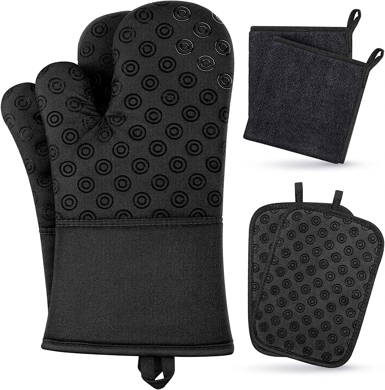 Oven Mitts and Pot Holders Set: 500℉ Heat Resistant Oven Gloves with Ovenmitts Hotpads and Kitchen Towels - Extra Long Kitchen Mittens and Potholders with Non-Slip Silicone Surface Safe for Cooking