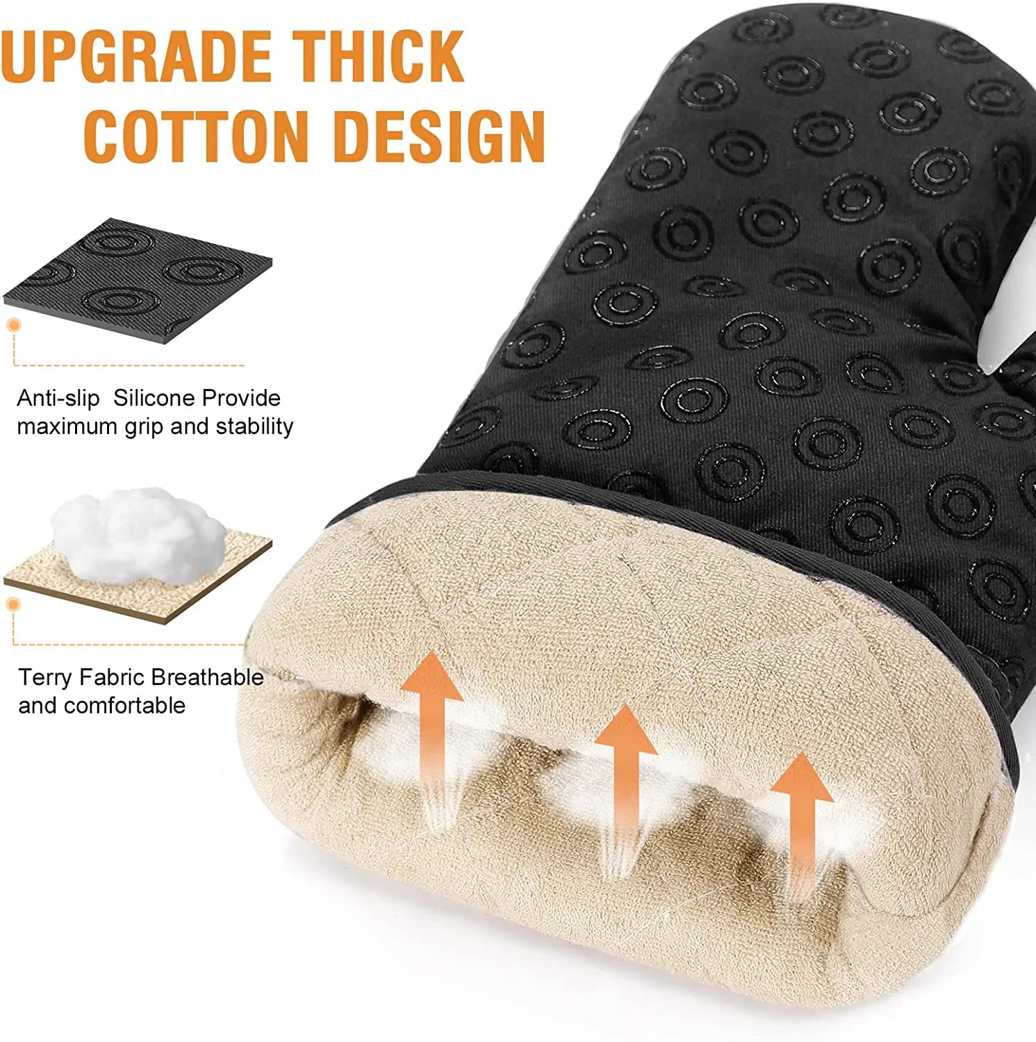 Oven Mitts and Pot Holders Set: 500℉ Heat Resistant Oven Gloves with Ovenmitts Hotpads and Kitchen Towels - Extra Long Kitchen Mittens and Potholders with Non-Slip Silicone Surface Safe for Cooking