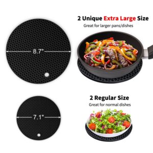 Silicone Trivet Mats - Walfos Heat Resistant Pot Holders Set, 4pcs 2 Sizes 7 Inch & 9 Inch, Multipurpose Non-Slip Hot Pads for Hot Pot, Hot Dishers, Jar Opener, Food Grade & BPA Free (Black)