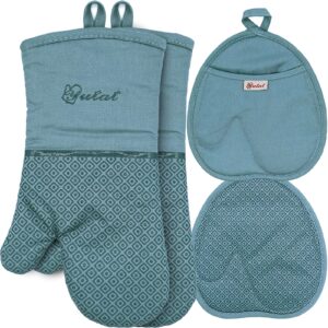 pot holders and oven mitts sets 4pcs, yutat high heat resistant oven gloves and potholders, non-slip grip hot pads with food grade silicone texture, perfect for kitchen cooking baking bbq, teal