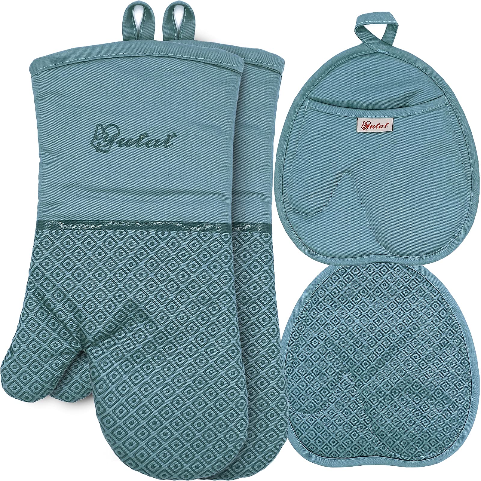 Pot Holders and Oven Mitts Sets 4Pcs, YUTAT High Heat Resistant Oven Gloves and Potholders, Non-Slip Grip Hot Pads with Food Grade Silicone Texture, Perfect for Kitchen Cooking Baking BBQ, Teal