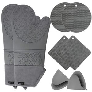 jumeijia oven mitts and hot pads sets, 8pcs extra long silicone oven gloves with non-slip heat resistant hot trivet mats and cooking pinch mitts pot holders set for baking cooking, grey