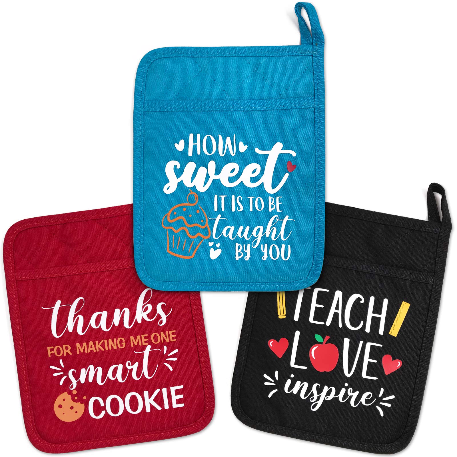 Teacher Appreciation Gifts for Woman Funny Pot Holders Set of 3 - Heat Resistant Microwave Oven Mitt Potholders with Hand Pocket and Hanging Loop End of The Year Teacher Gift