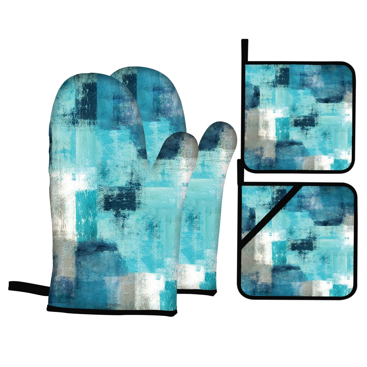 Turquoise Grey Oven Mitts and Pot Holders Sets of 4 Modern Teal Abstract Art Oven Gloves for Kitchen Baking Cooking Grilling (Turquoise)