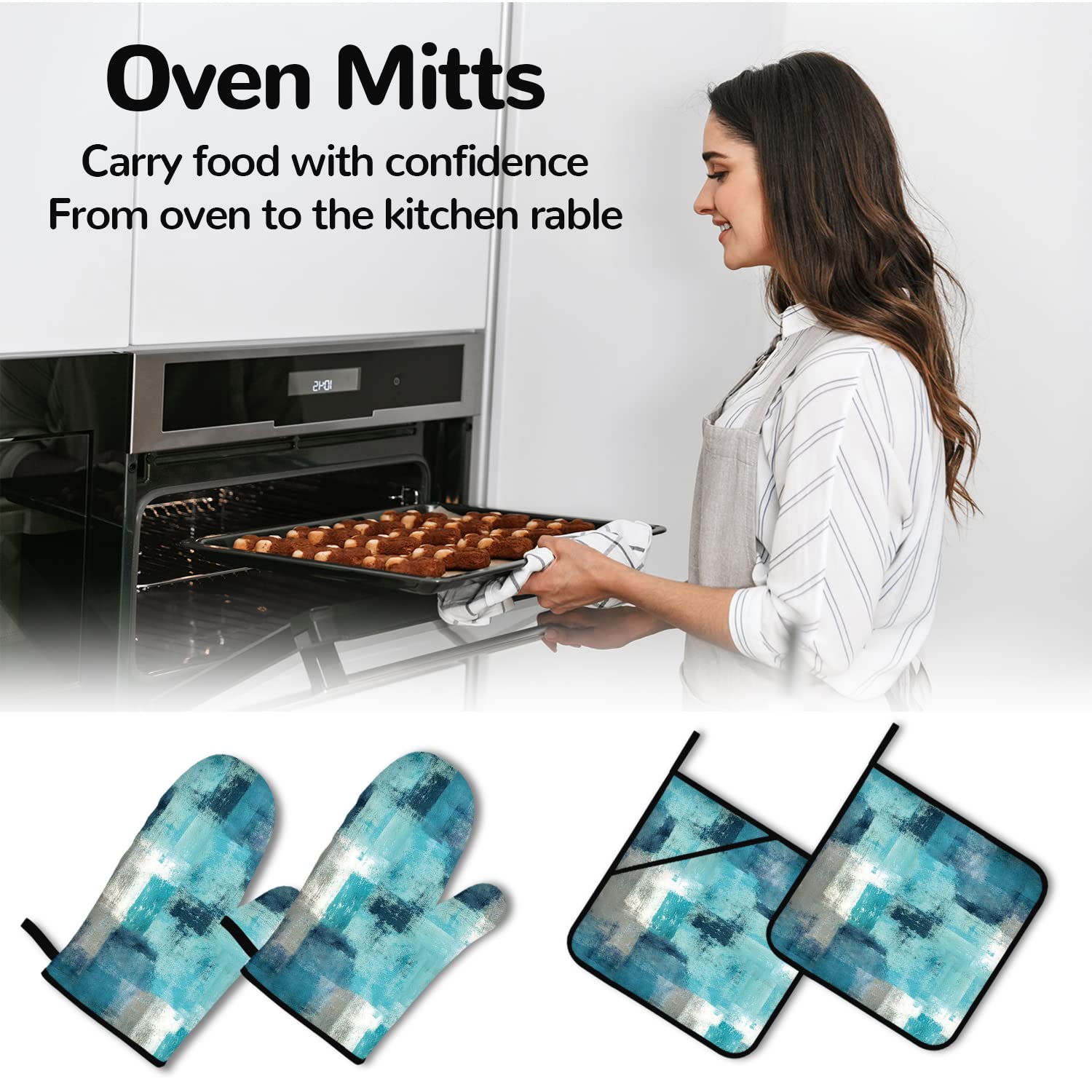 Turquoise Grey Oven Mitts and Pot Holders Sets of 4 Modern Teal Abstract Art Oven Gloves for Kitchen Baking Cooking Grilling (Turquoise)