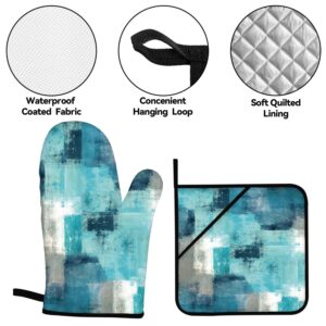 Turquoise Grey Oven Mitts and Pot Holders Sets of 4 Modern Teal Abstract Art Oven Gloves for Kitchen Baking Cooking Grilling (Turquoise)